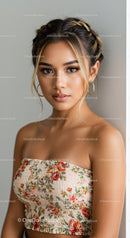 Portrait of a Young Woman in Floral Top with Stylish Hair and Natural Makeup
