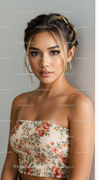Portrait of a Young Woman in Floral Top with Stylish Hair and Natural Makeup