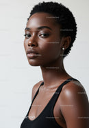 Elegant Black Woman Portrait with Short Curly Hair and Natural Makeup