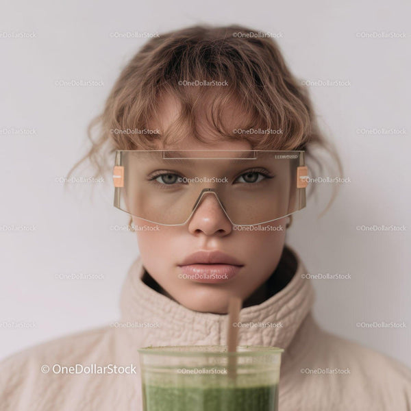 Young Girl with Red Curly Hair Wearing Safety Glasses and Drinking Green Smoothie