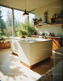 Bright Modern Kitchen with Sunlit Island and Green Indoor Plants