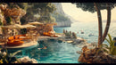 Tropical Coastal Scene with Infinity Pool, Lounge Chairs and Sea View
