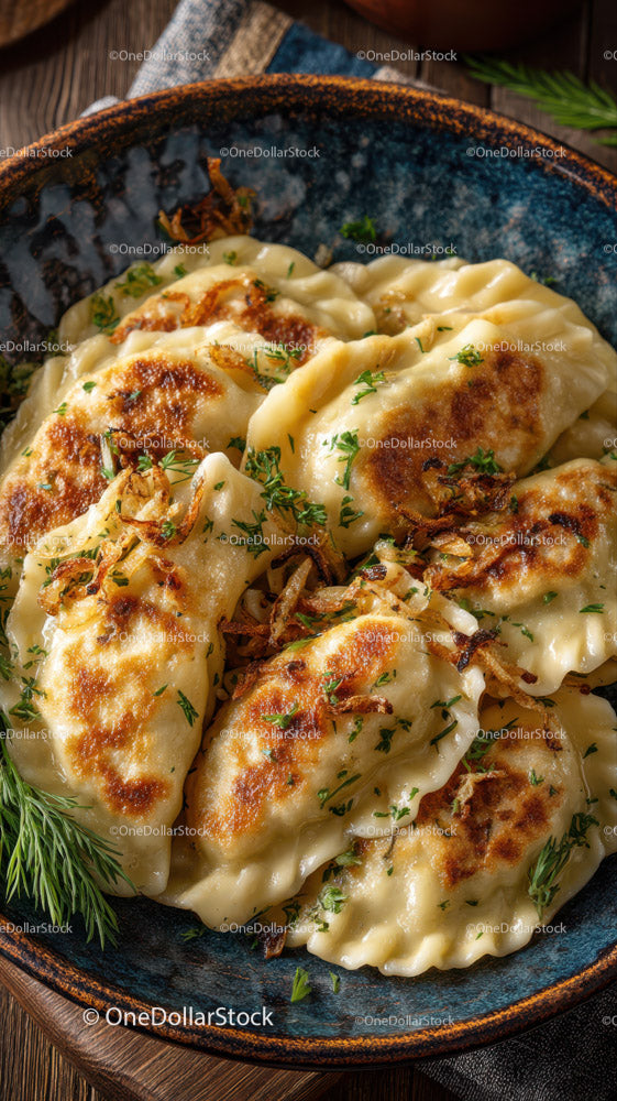Crispy Pan-Fried Dumplings and Ravioli with Fresh Herbs in a Rustic Plate
