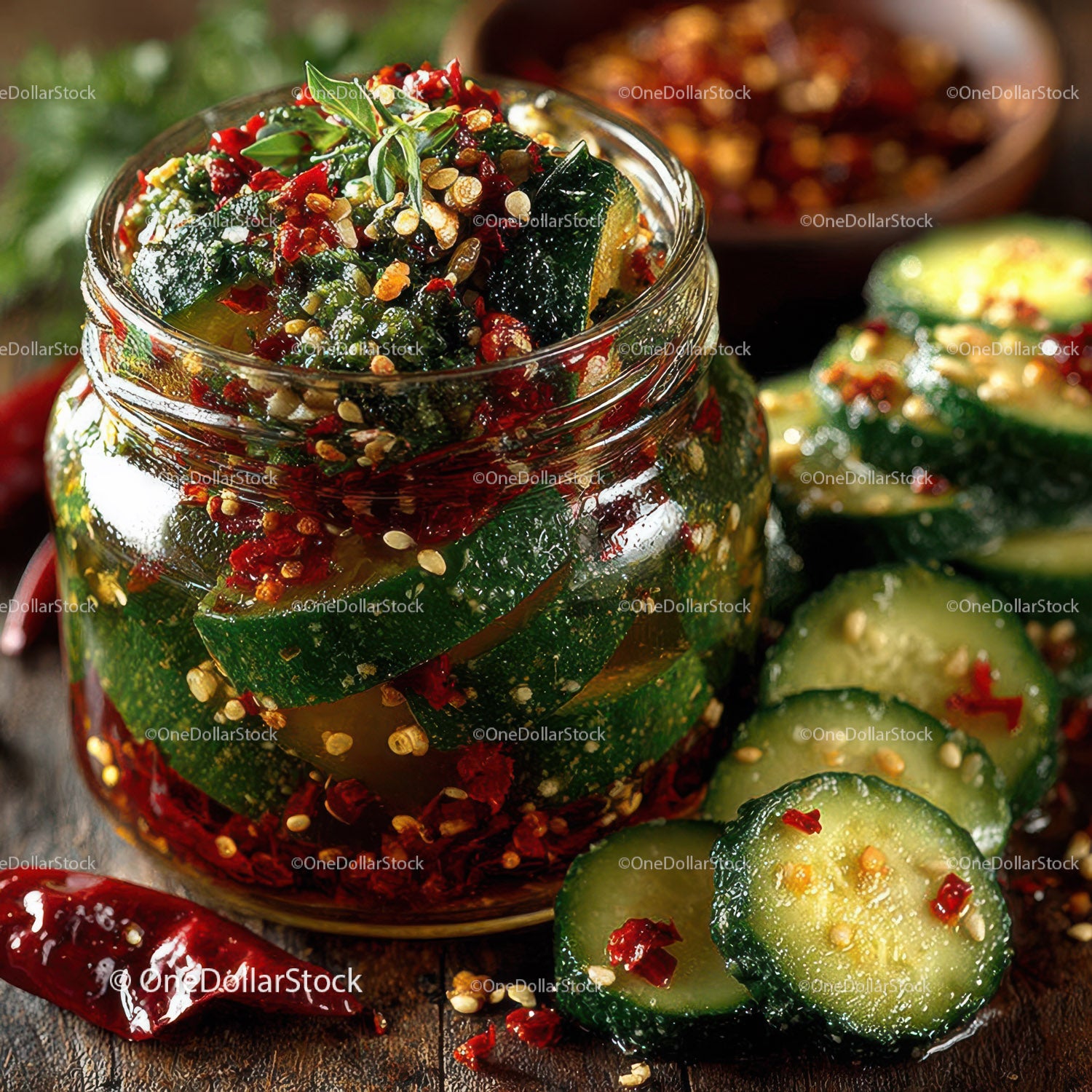 Spicy Pickled Cucumbers in Glass Jar with Chili Flakes