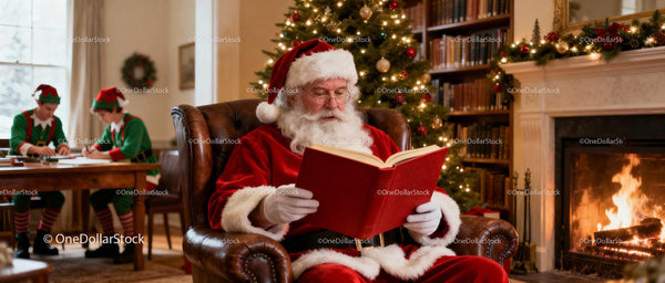 Santa Claus Reading by Fireplace with Elves Working