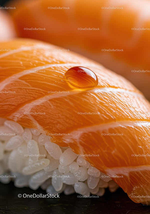 Close up of fresh salmon sushi with water droplet