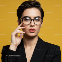 Elegant Woman with Black Frame Glasses in Modern Portrait