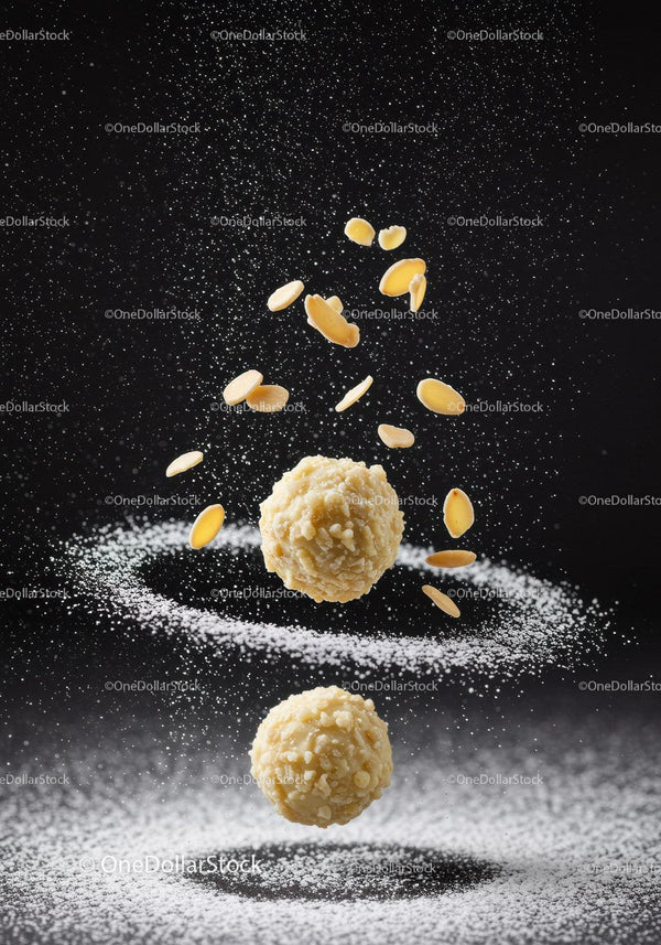 Almond treats with powdered sugar against dark background