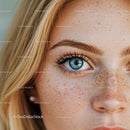 Close up of woman with blue eye and freckles
