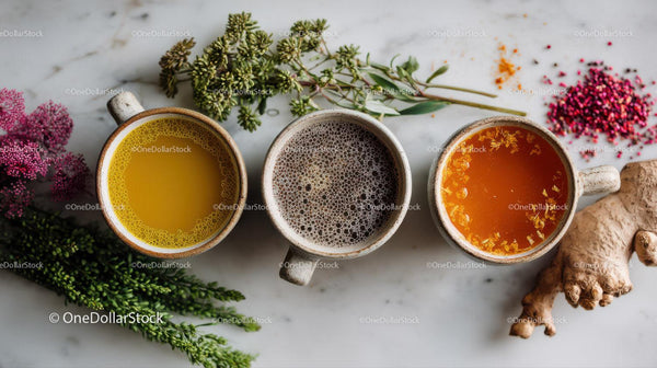 Herbal Tea in Ceramic Cups with Fresh Ginger and Flowers
