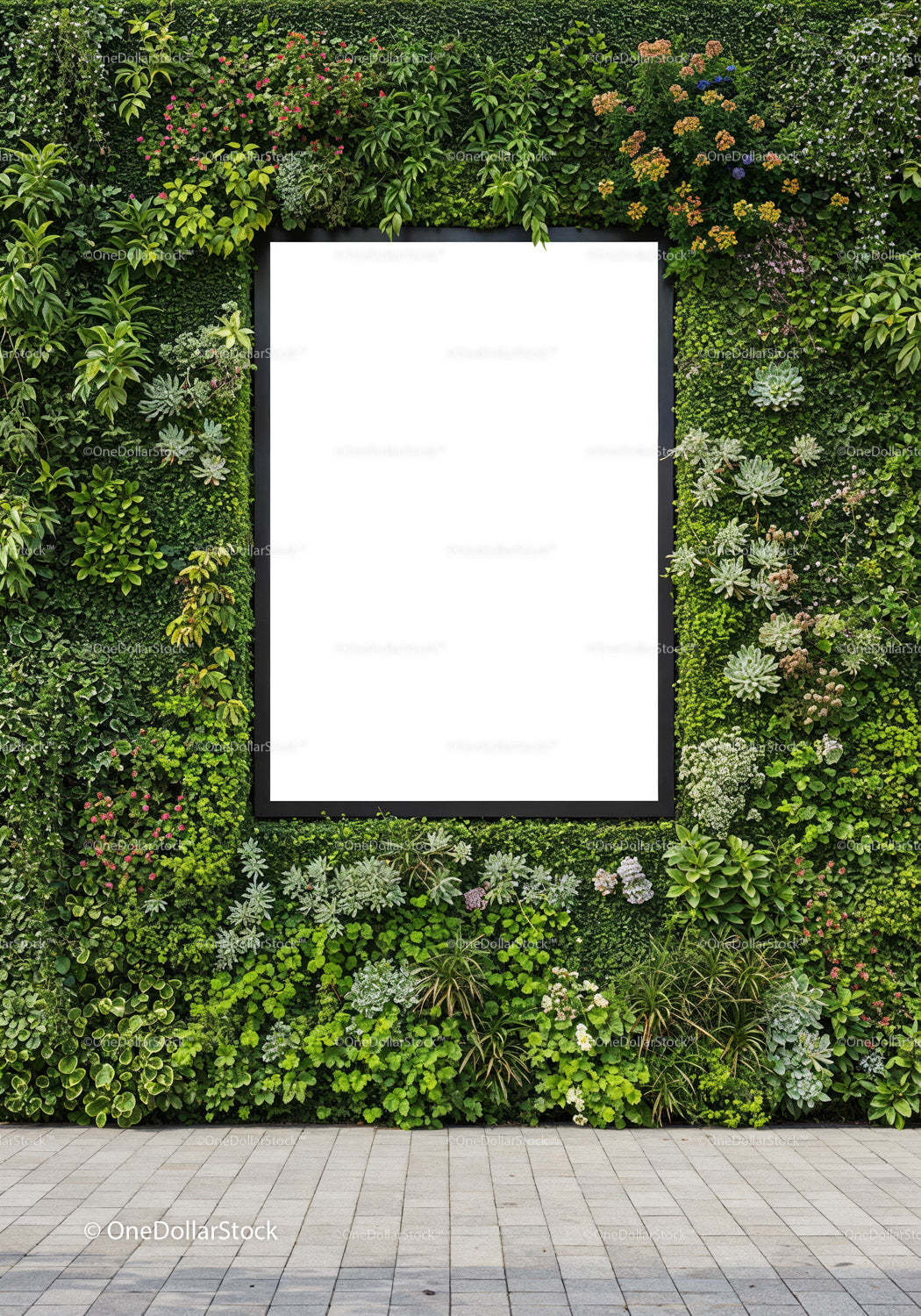 Green vertical garden with blank frame on urban wall