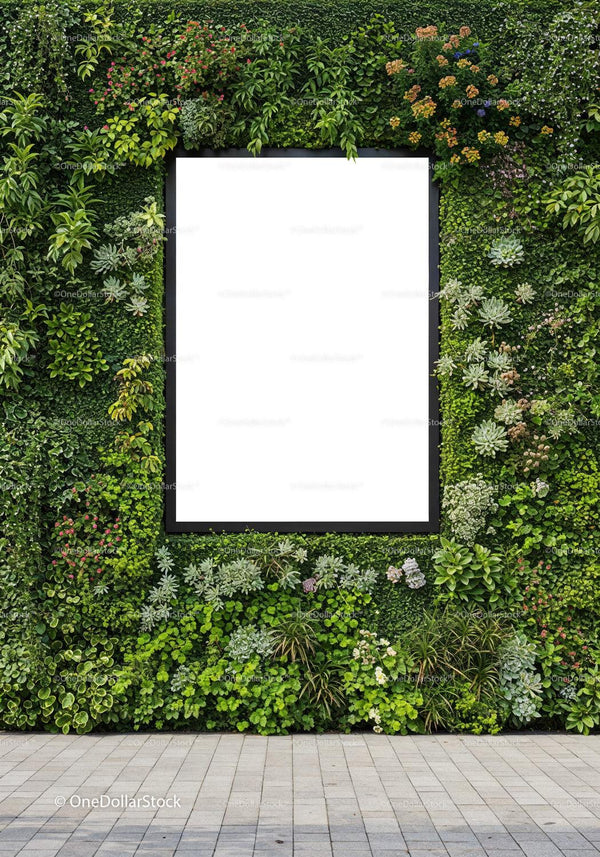 Green vertical garden with blank frame on urban wall JPG Mockup Image