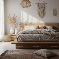 Cozy boho bedroom with natural textures and soft light