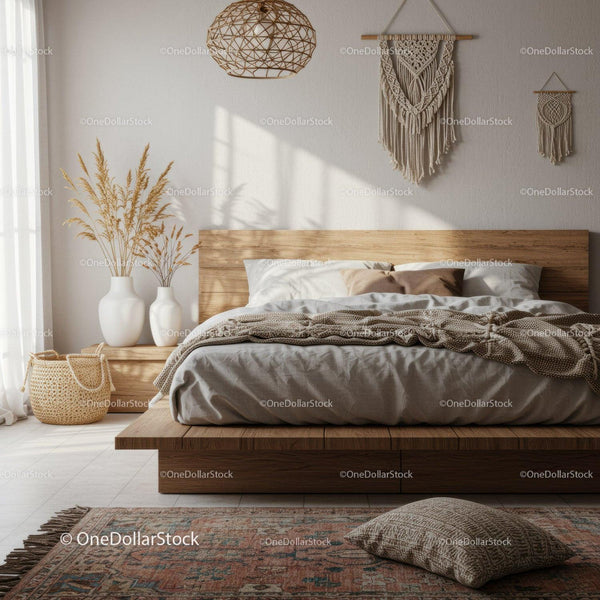 Cozy boho bedroom with natural textures and soft light