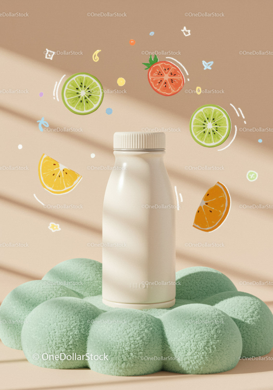 Minimalist white bottle with colorful fruit illustrations