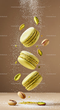 Flying Pistachio Macarons with Powdered Sugar Dust