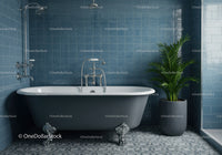Clawfoot bathtub with green plant in blue tiled bathroom