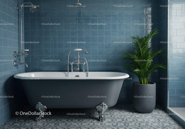 Clawfoot bathtub with green plant in blue tiled bathroom