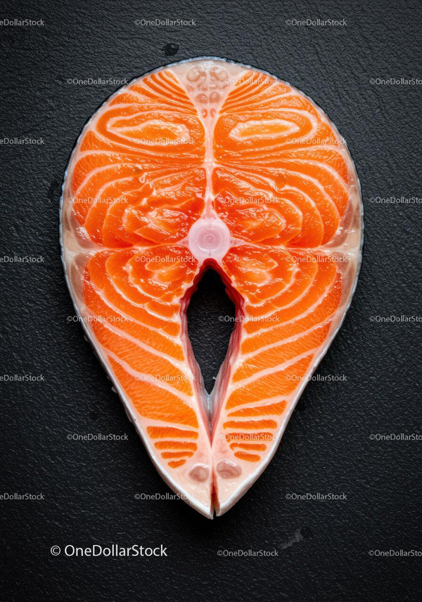 Fresh salmon steak on textured black surface