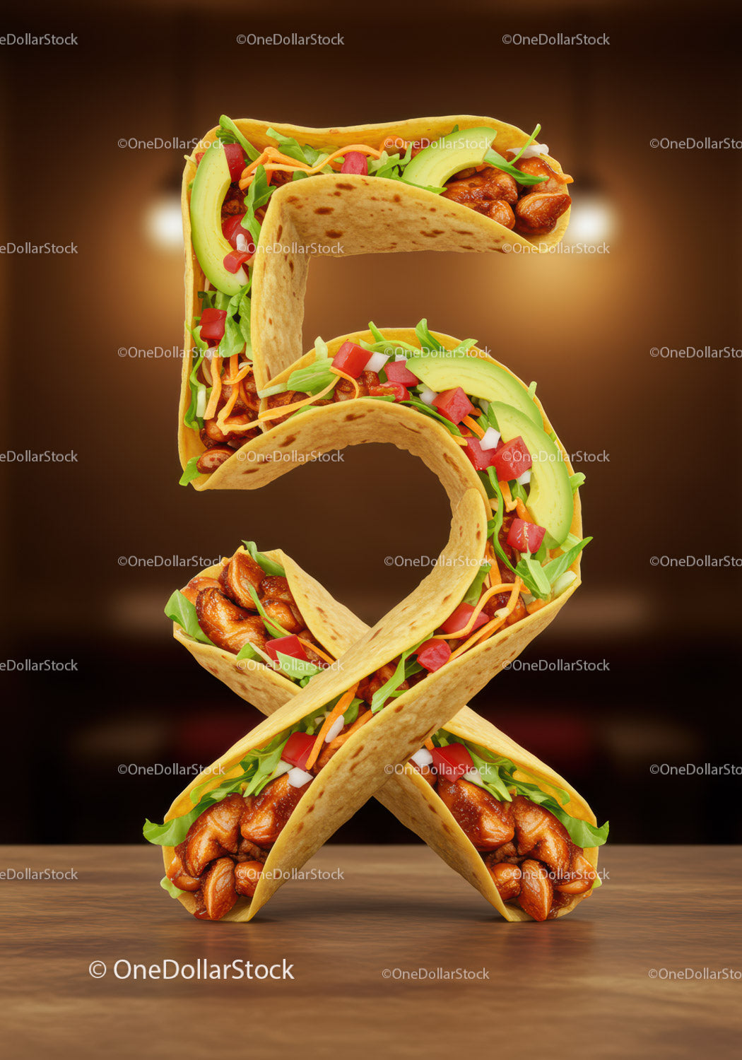 Number five formed from delicious chicken tacos with vegetables