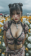 Young Woman in Floral Crop Top with Edgy Hair Outdoors