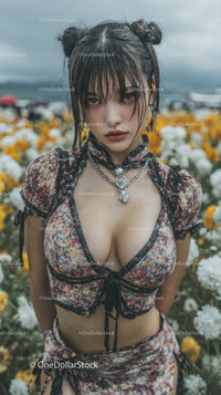 Young Woman in Floral Crop Top with Edgy Hair Outdoors