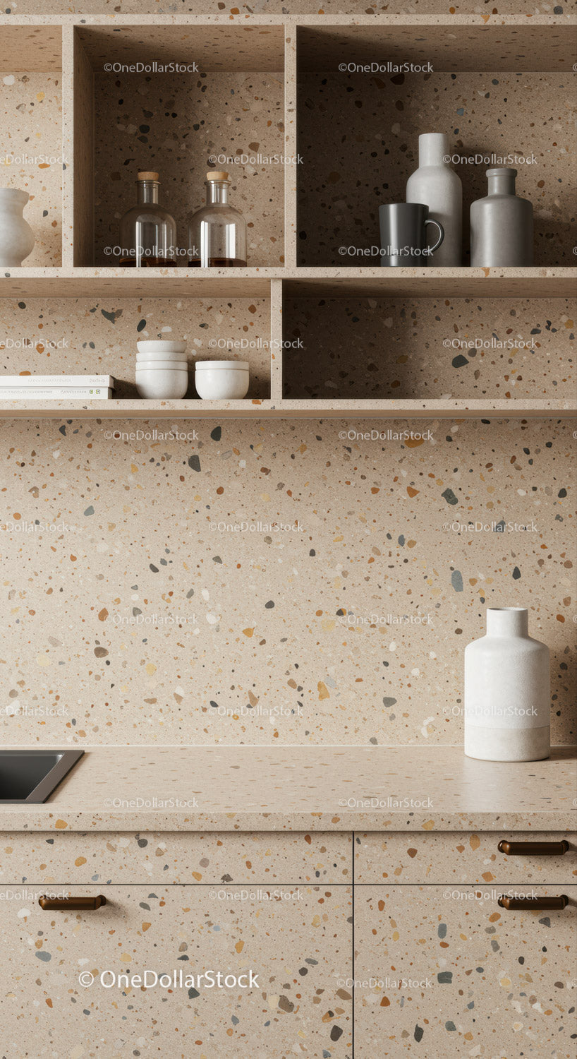 Nowoczesna półka kuchenna z dekoracją ścienną z lastryko i ceramicznymi wazonami