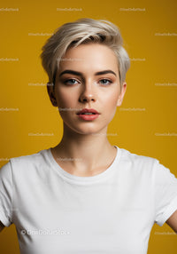 Stylish Young Woman with Short Blonde Hair and Natural Makeup