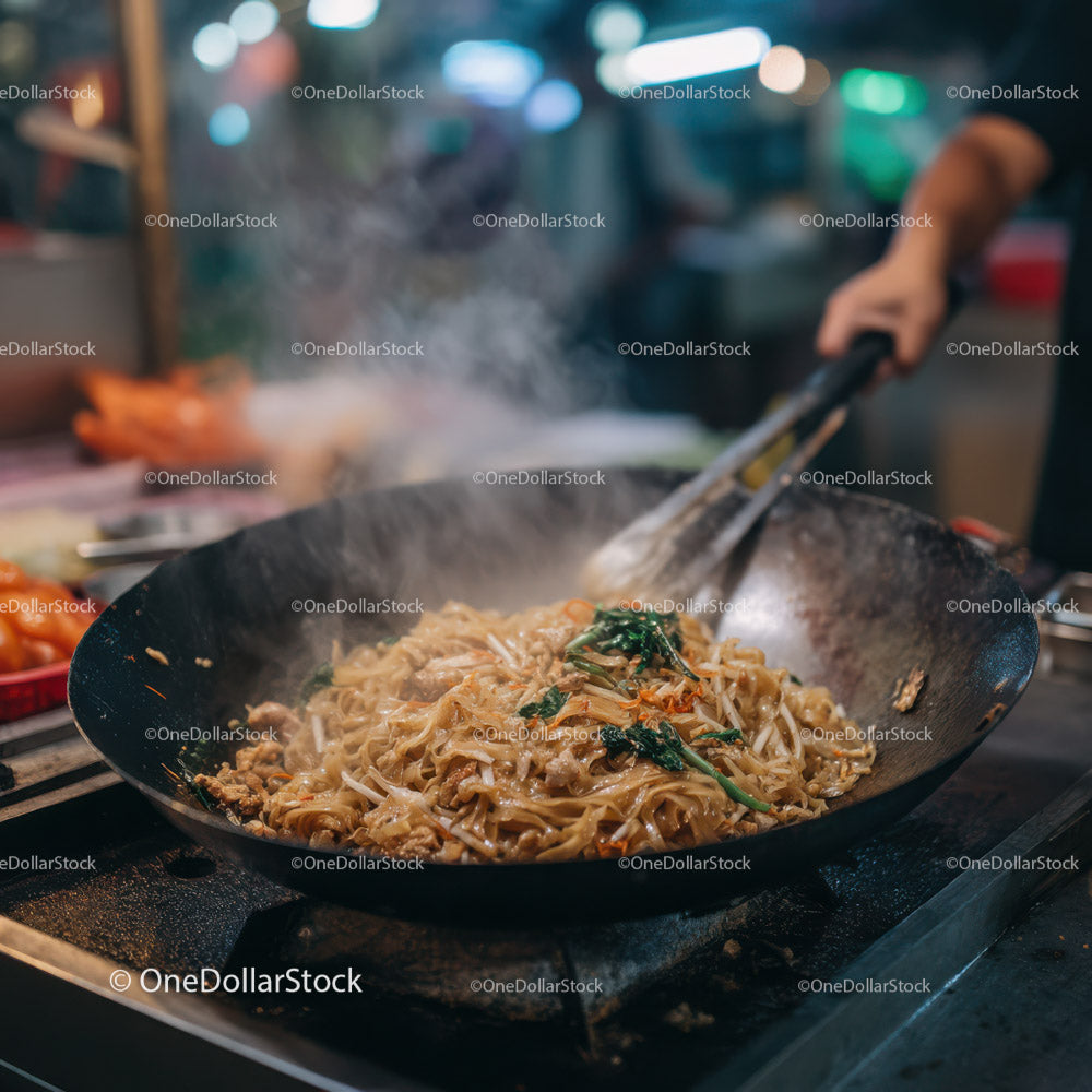 Stir-frying Noodles in a Wok at Night Market Food Stall