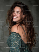 Smiling Woman with Wavy Hair in Floral Dress