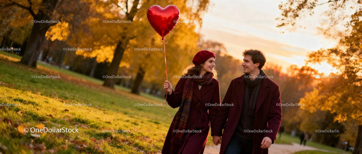 Couple walking in autumn park with red heart balloon
