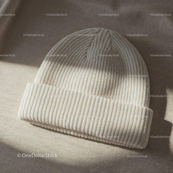 Cozy white knitted beanie hat on textured fabric JPG Mockup Image