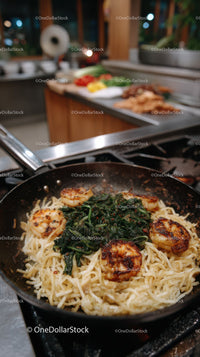 Seafood Pasta with Shrimp and Spinach in a Modern Kitchen