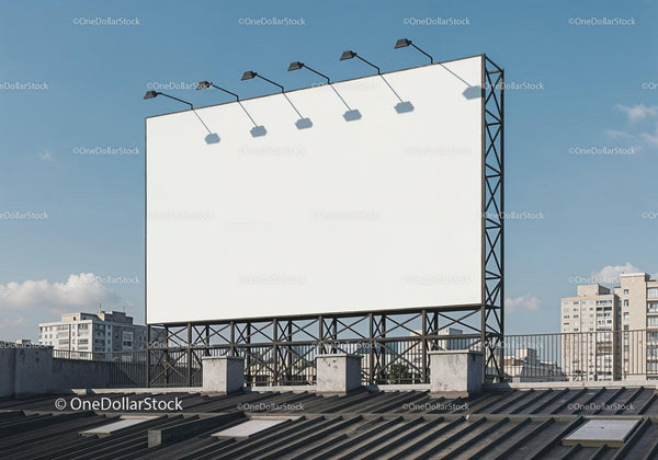 Blank outdoor billboard on urban rooftop under blue sky JPG Mockup Image