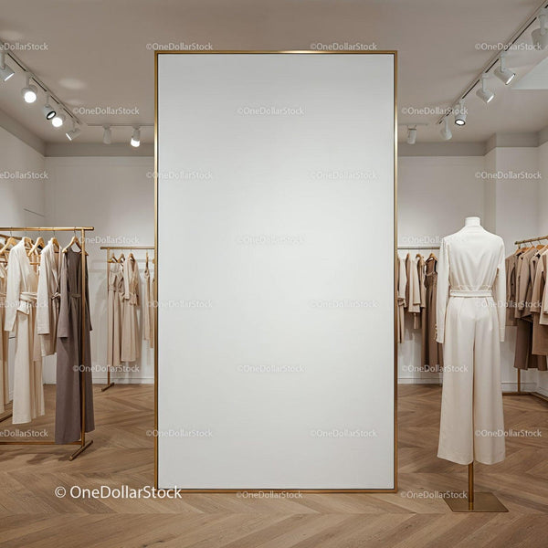 Minimalist clothing store interior with neutral tones JPG Mockup Image
