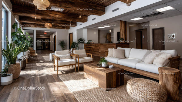 Modern Cozy Living Room with Wooden Ceilings and Green Plants