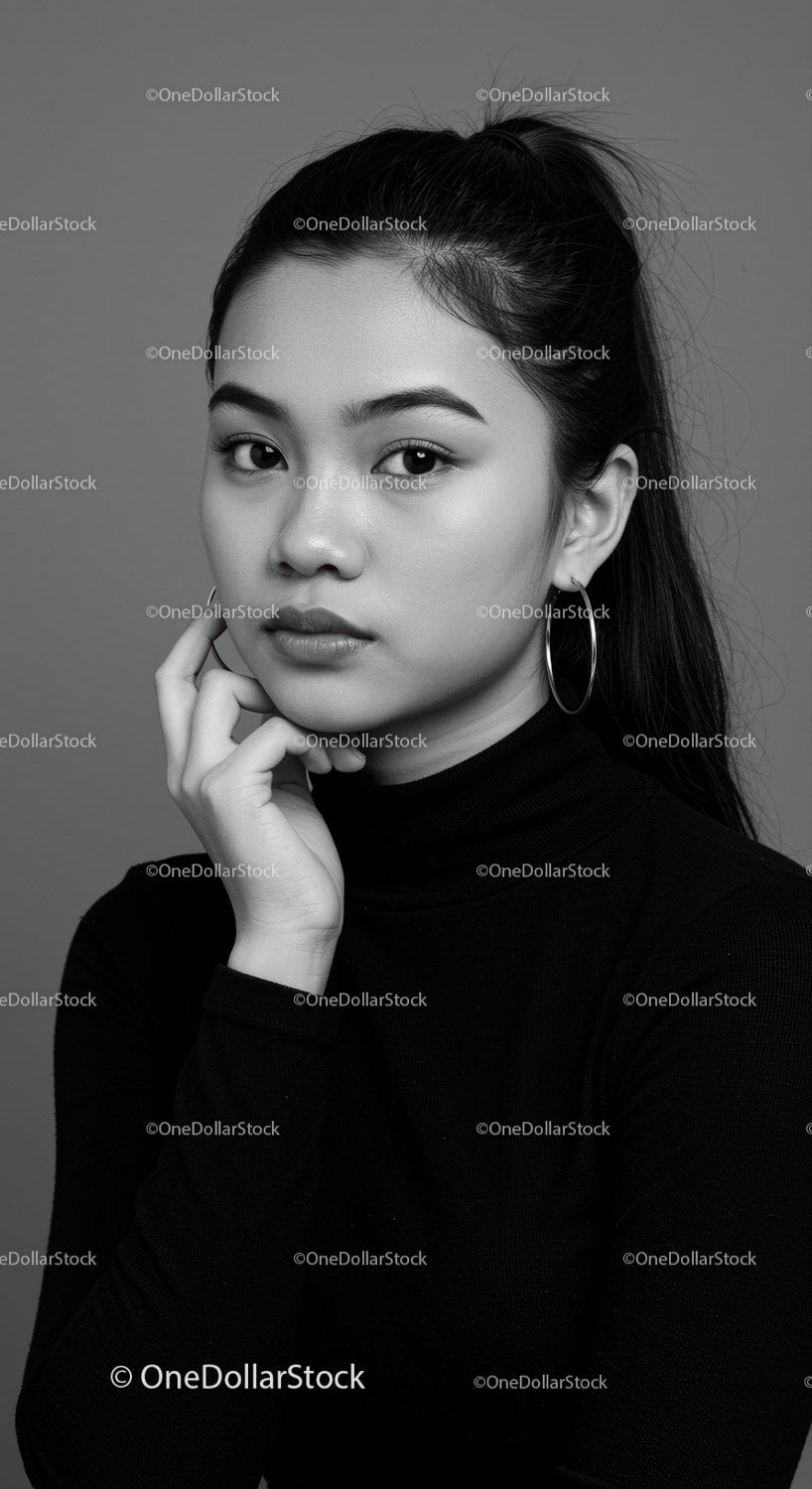 Elegancki portret młodej kobiety z kolczykami-kołkami w kolorze czarno-białym