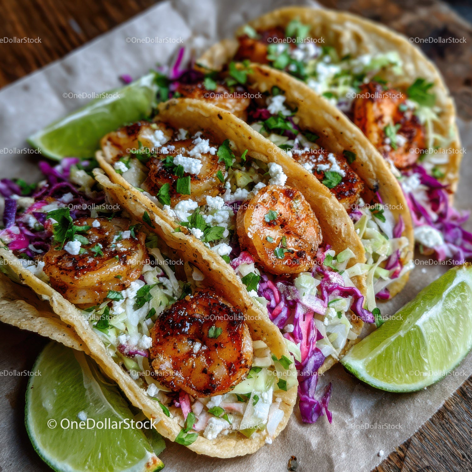 Seafood Shrimp Tacos with Fresh Cabbage and Lime Wedges
