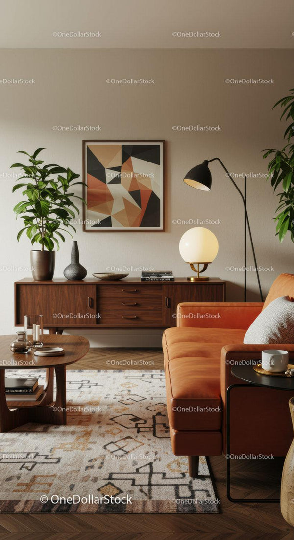 Cozy mid-century living room with leather sofa and decor