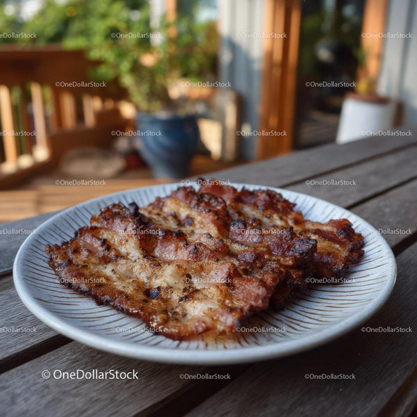 Crispy Bacon Slices on Rustic Wooden Table for Breakfast