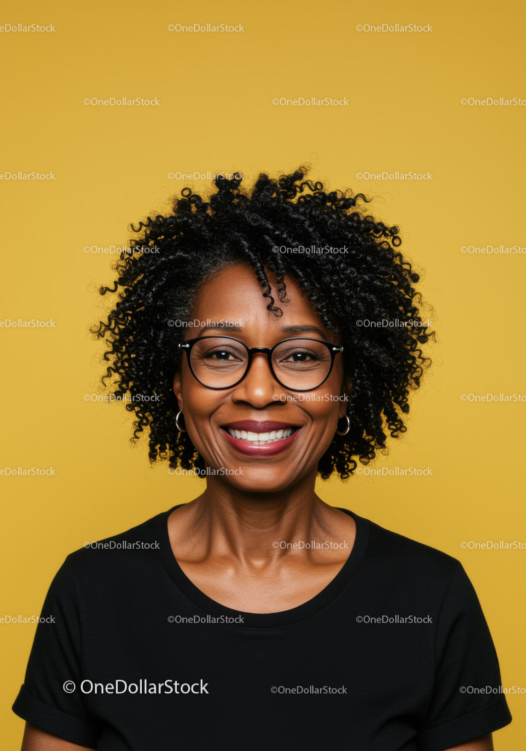 Confident Smiling Woman with Curly Hair and Glasses in Vibrant Setting