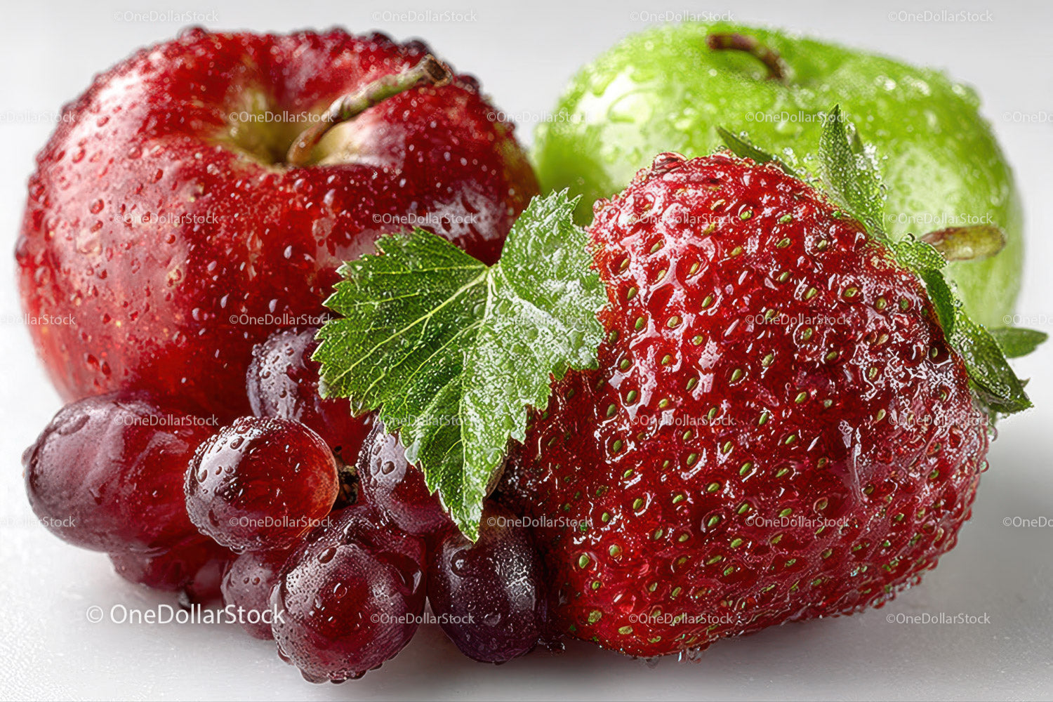 Fresh Fruit Assortment with Strawberries, Grapes and Apple