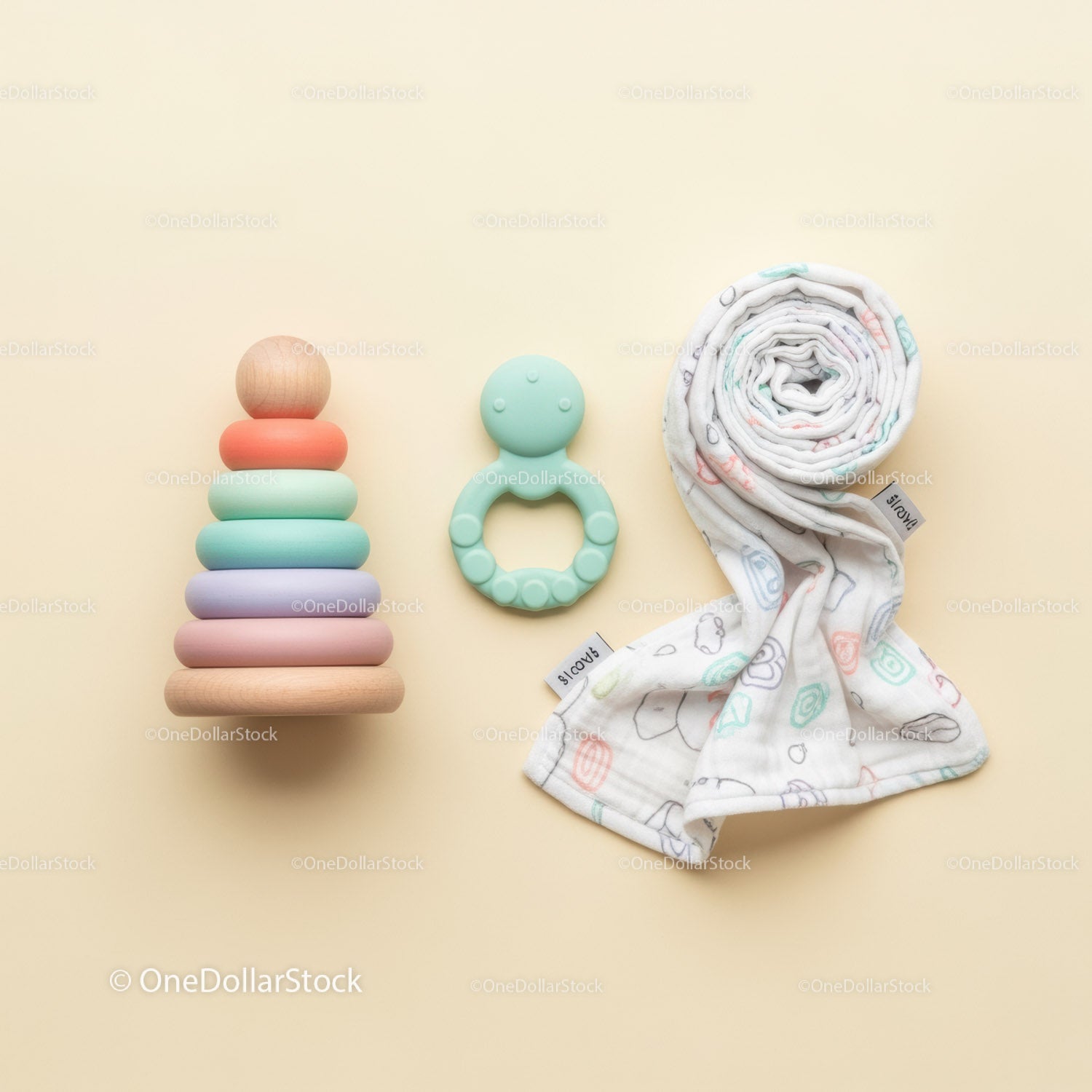 Pastel Wooden Stacking Toy Teether and Baby Blanket Set