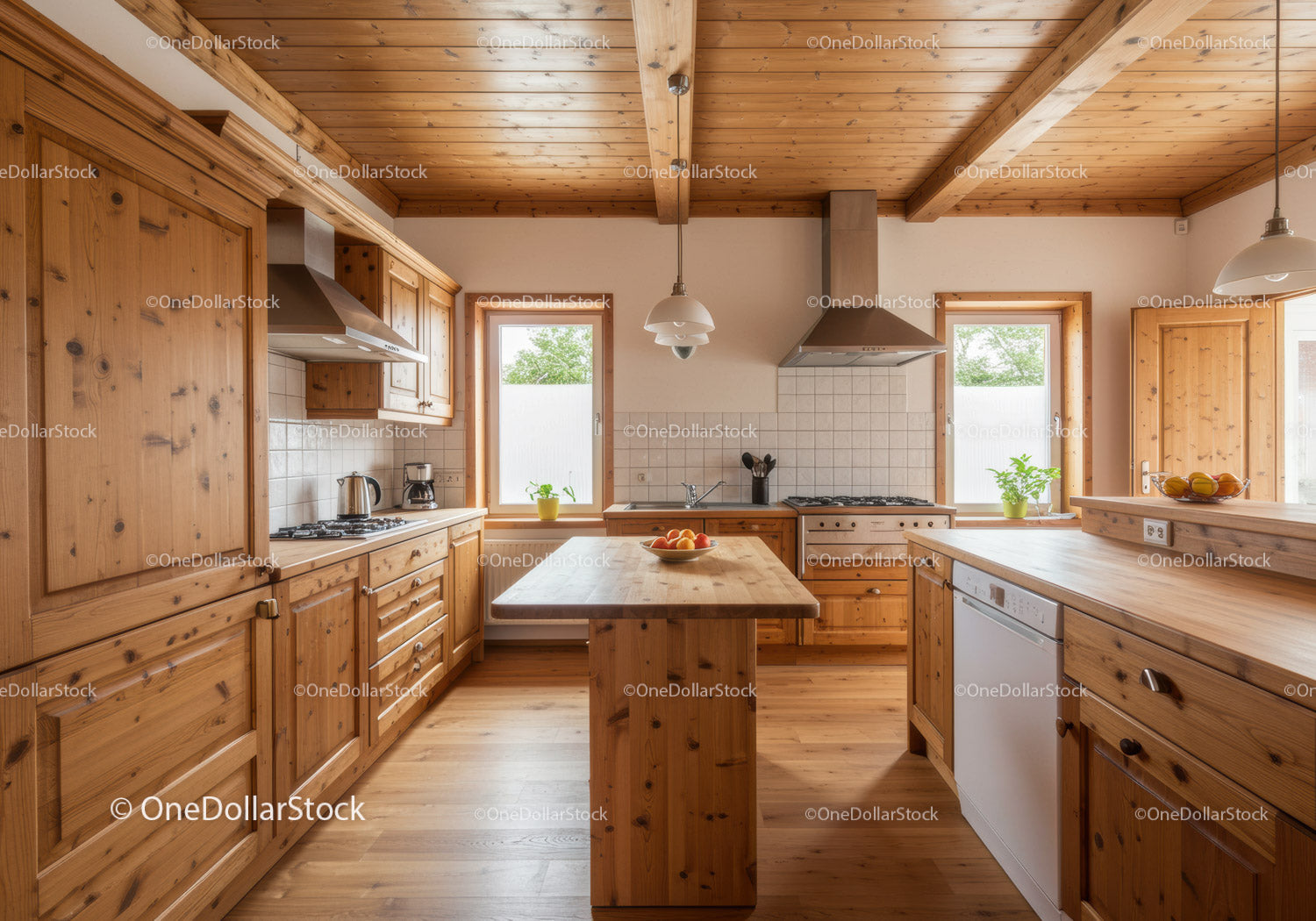 Warm Wooden Kitchen with Modern Appliances and Natural Light