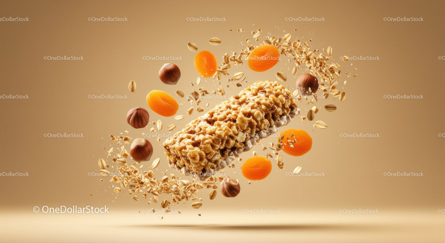 Zdrowy batonik granola otoczony orzechami i suszonymi morelami