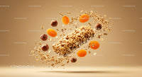 Healthy granola bar surrounded by nuts and dried apricots