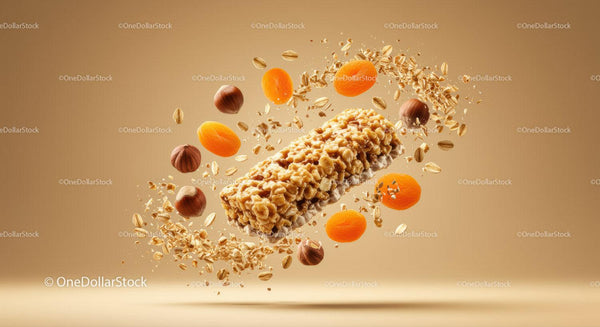 Healthy granola bar surrounded by nuts and dried apricots