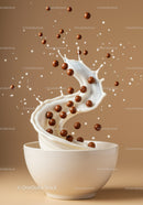 Chocolate cereal balls splashing into creamy milk swirl