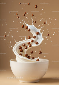 Chocolate cereal balls splashing into creamy milk swirl