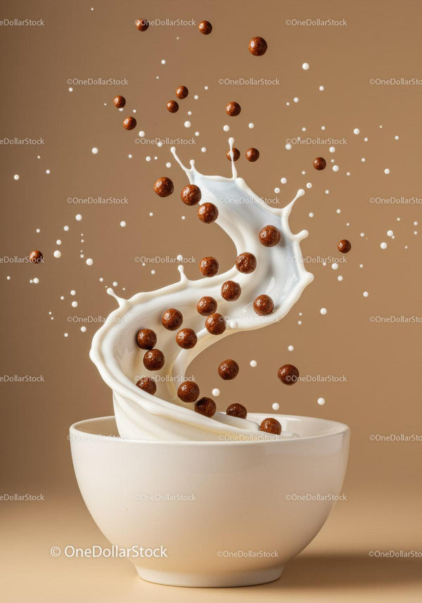Chocolate cereal balls splashing into creamy milk swirl